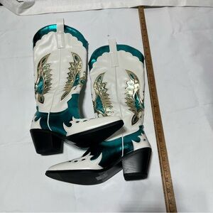 Stylish White and Teal Western Boots